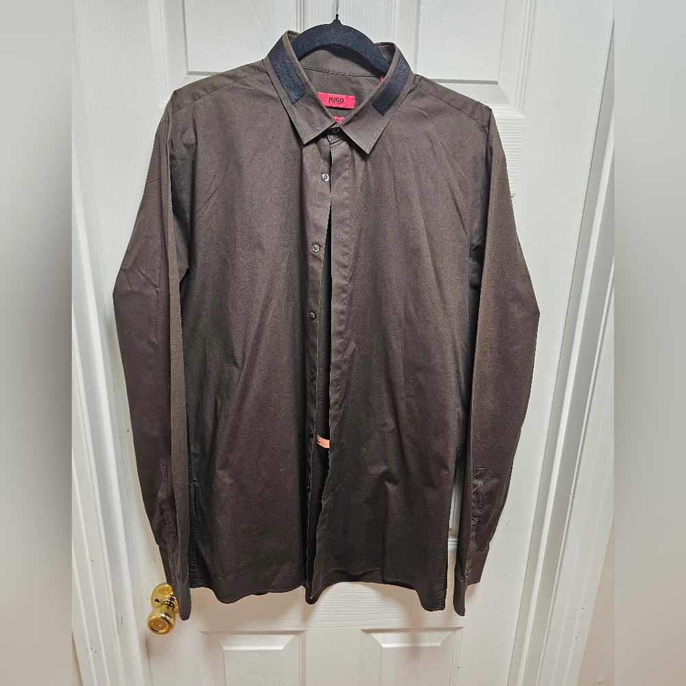 HUGO BOSS Olive Green‎ Slim Fit Shirt XL Long Sleeve, Cotton, Made In Turkey